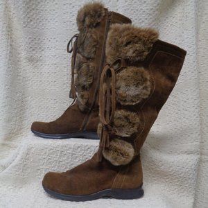 8M brown suede tall boots with tassel lace detailing and side zip closure.